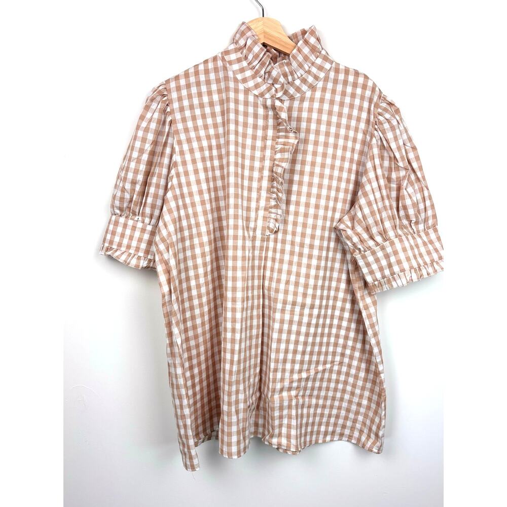 🤎 Sage Vell Gingham Ruffle Collar Blouse | 2X | Tan & White